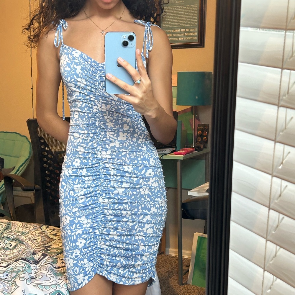 Endless Blu Floral Ruched Mini Dress | Size XS